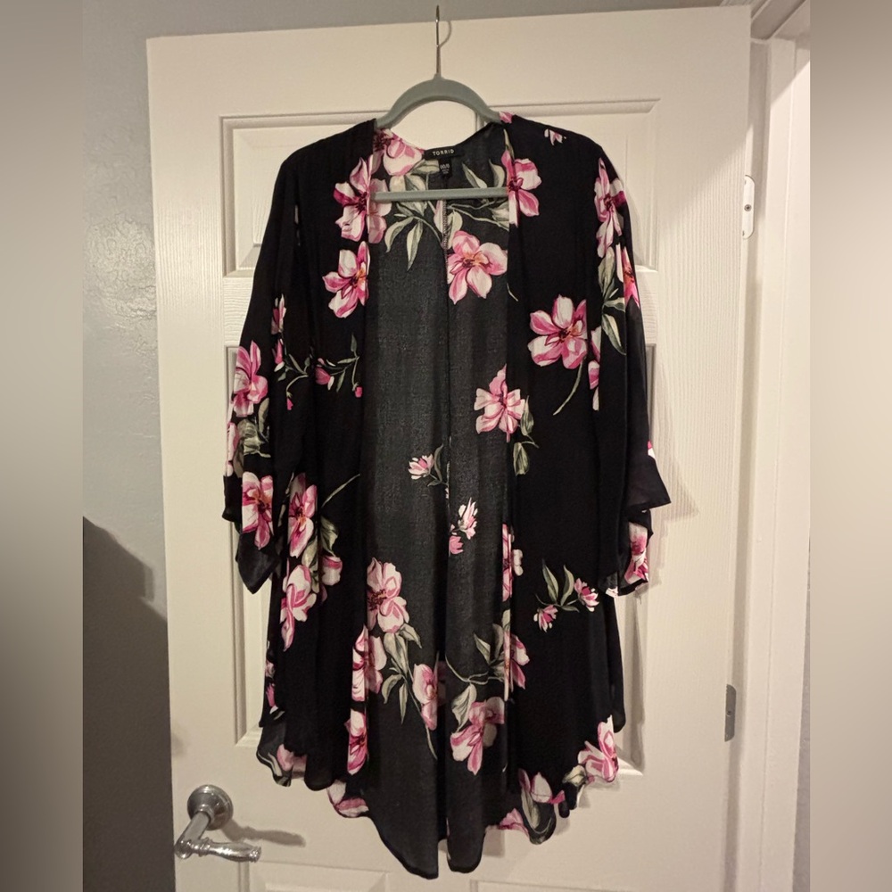 Torrid Black Kimono with Pink Floral Design